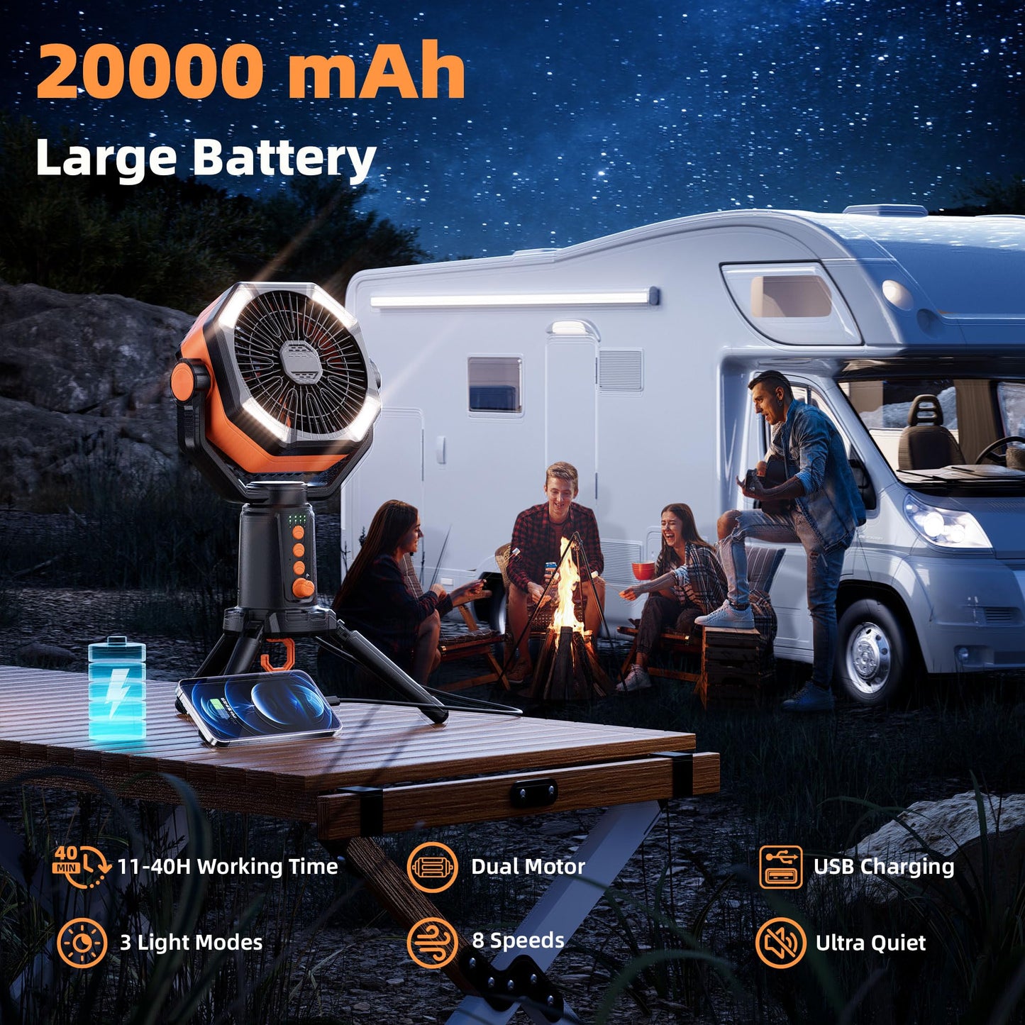 MORIKO Table Fans Tripod, 20000mAh Rechargeable Battery Operated Portable Tent Fan with LED Lantern, Remote Control, Hook, 270° Pivot, Stepless