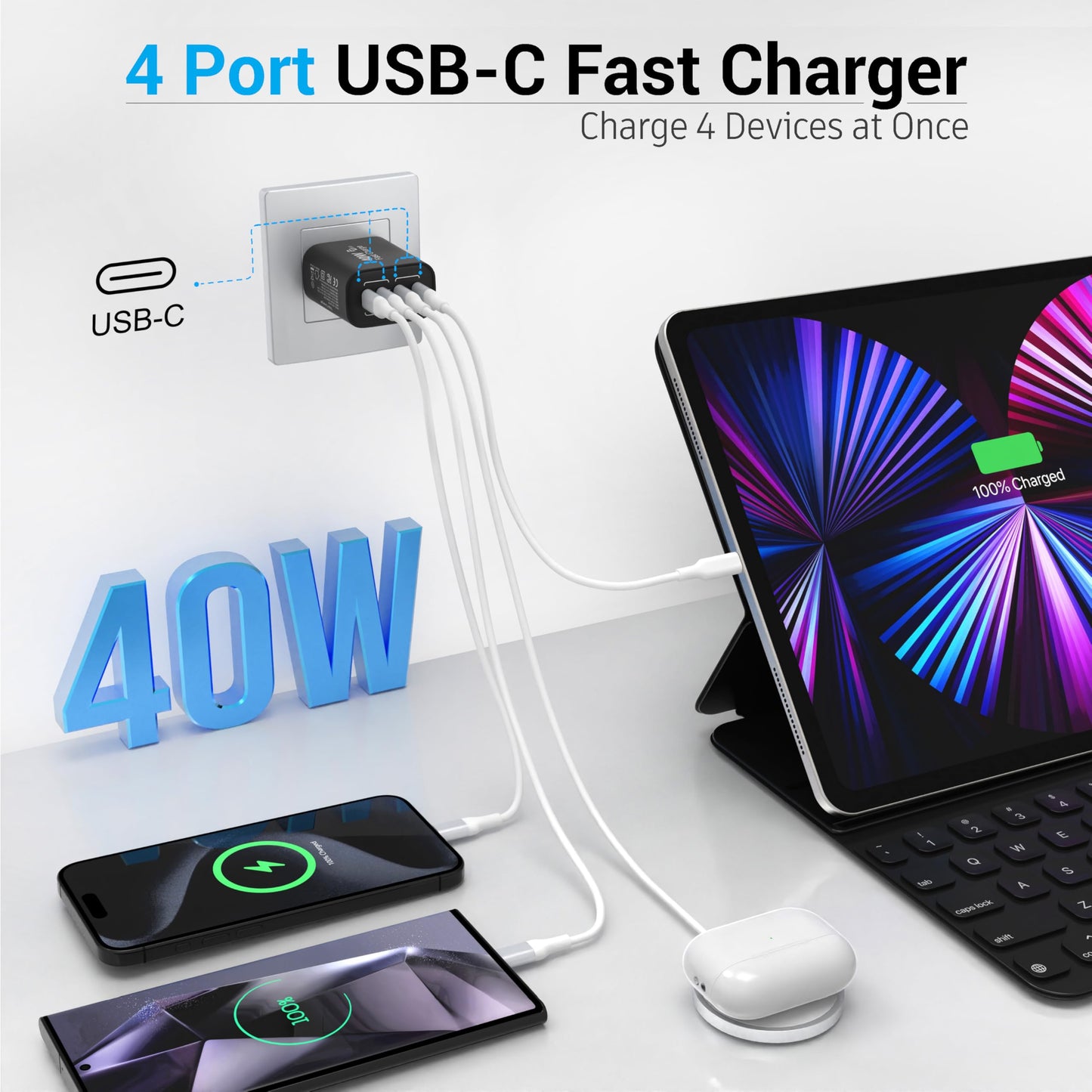 40W USB C Charging Block, 4 USB-C Ports, Type C Wall Plug Fast Charger Cube, Power Adapter Box for iPhone 17, 17 Air 17 Pro, 17 Pro Max,16, 15, 14