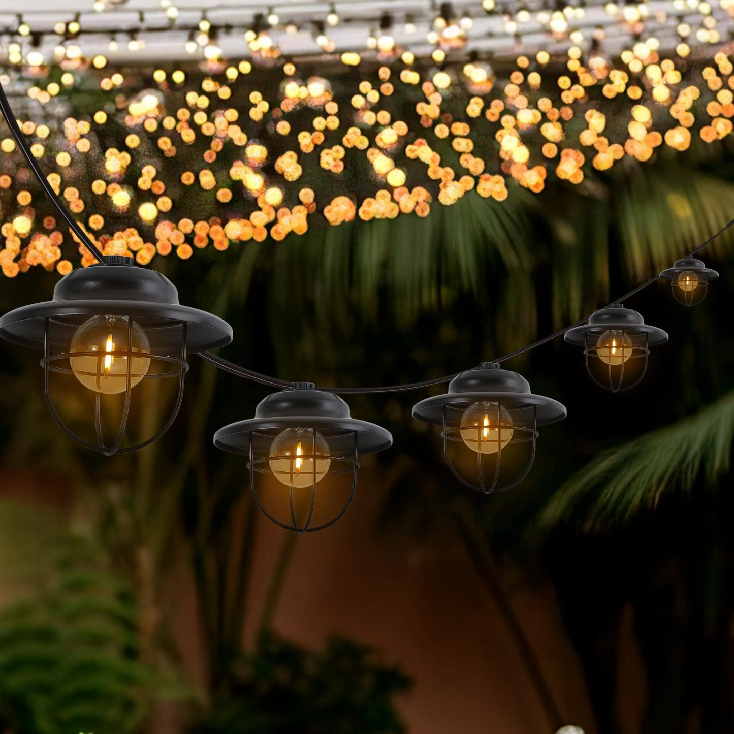 JONATHAN Y 10' Black 10-Light Rustic Farmhouse LED String Lights for Patio, Metal Cage Shade, Weatherproof Connectable Outdoor Hanging Lights, UL