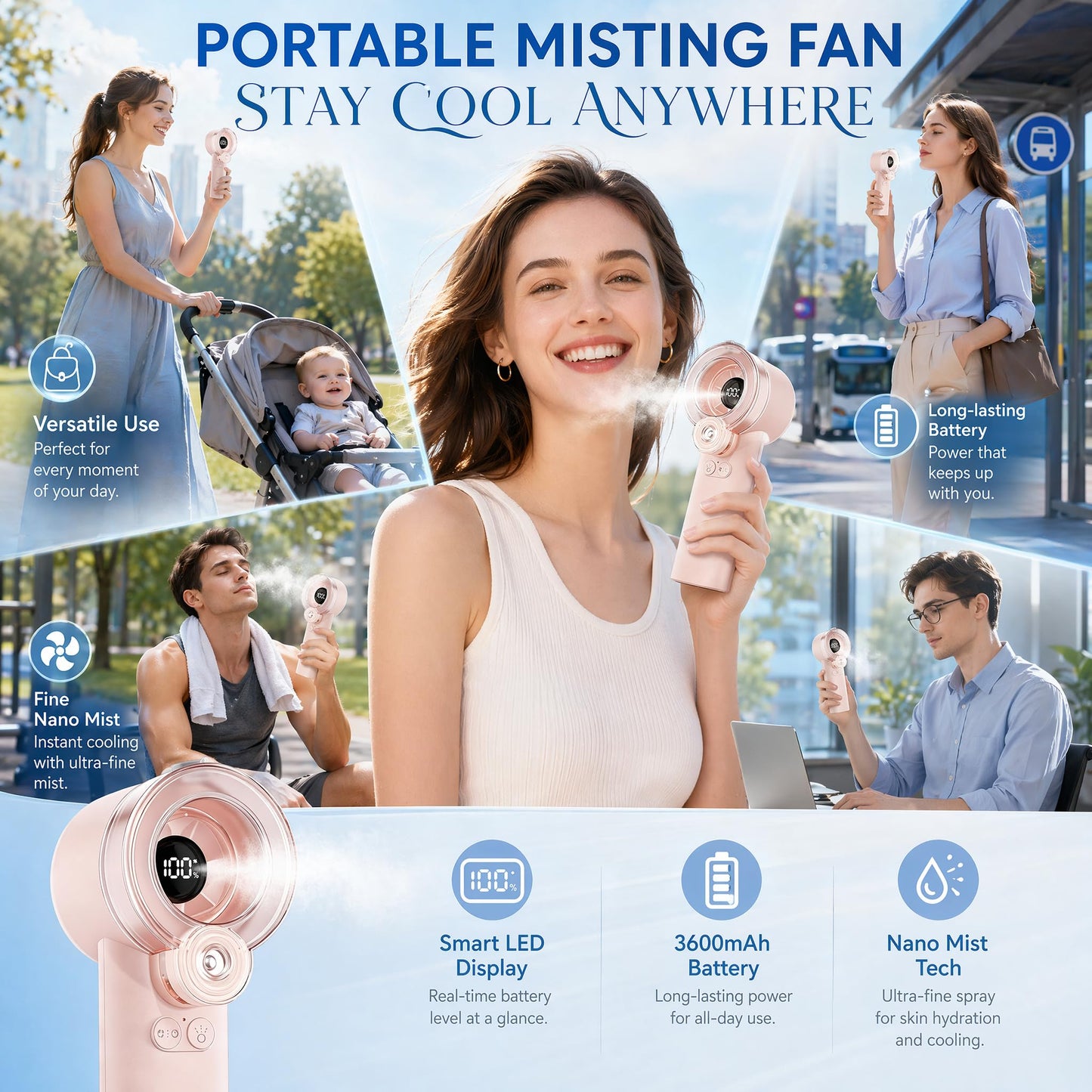 Redcomets Portable Misting Fan, Sakura Pink, 36000 RPM, Nano Mist, Smart Digital Display, 3600mAh Battery, with Lanyard and Type-C Charging Cable
