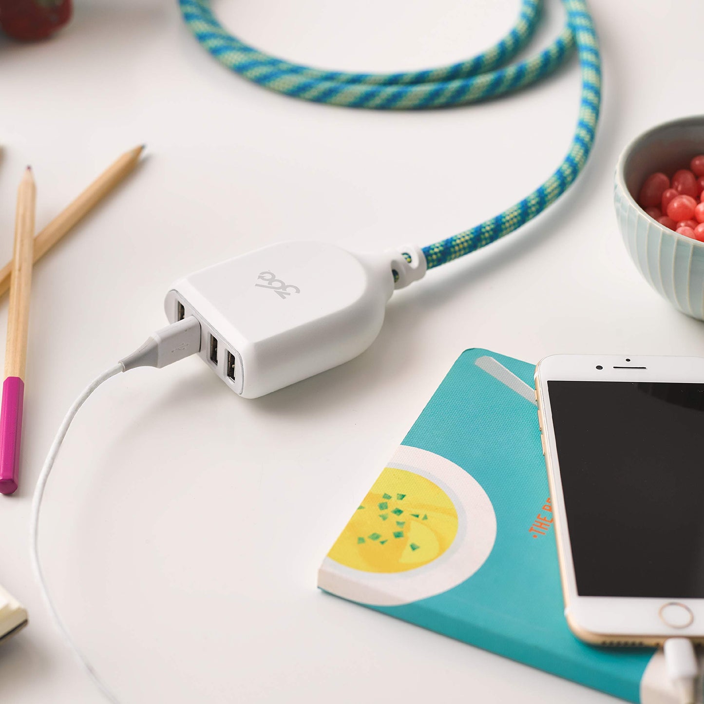 360 Electrical Habitat 4.8, 6 ft 4-Port USB Extension Cord, Durable Braided Casing, Mint Julep, 4.8A, USB Charger Cable, Power Strip USB Hub Charging