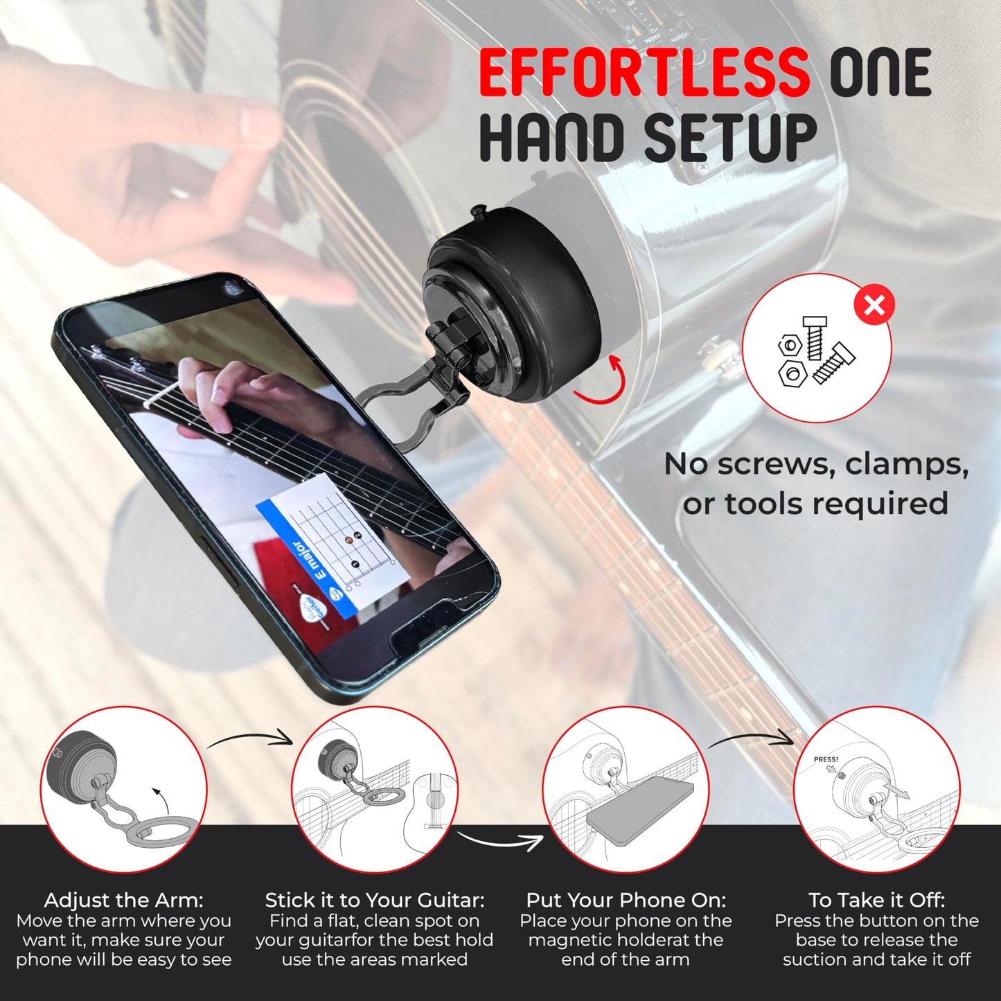MotivatEM Strum Screen Guitar Phone Mount - Hands-Free Phone Holder with Vacuum Suction for Guitar - Perfect for Watching Tutorials & Tabs - Universal