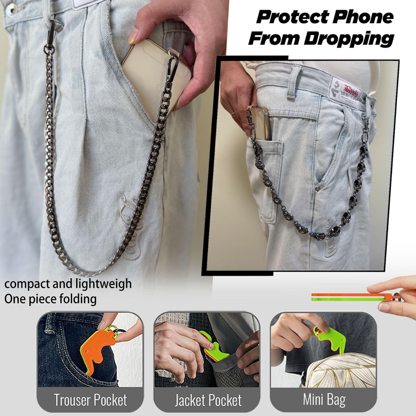 2 pcs Trouser Chains for Men Women Pants Wallet Phone Pocket Chain Jean Biker Belt Lanyard Anti Theft Metal Hip Hop Punk Goth Accessories with 3 Phone