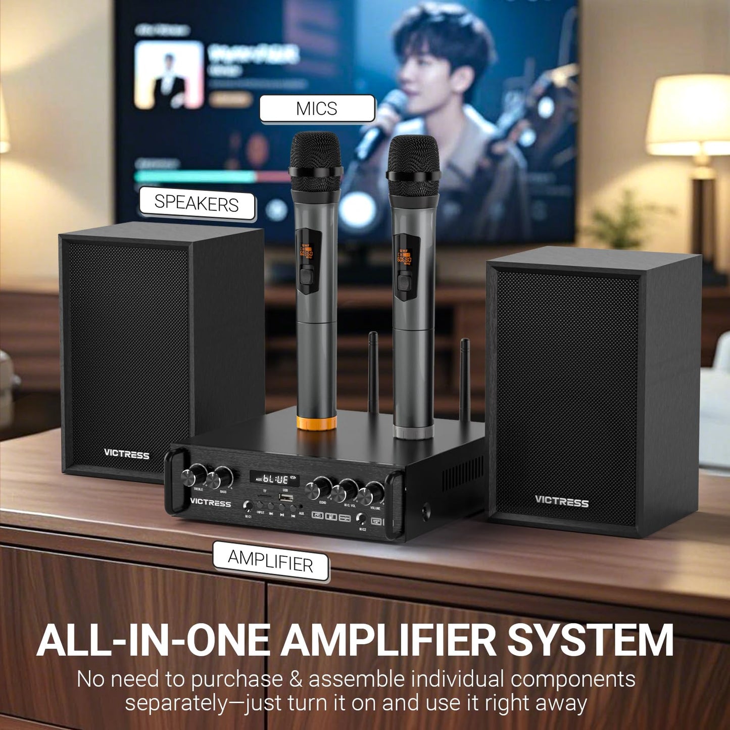 All-in-One 500W Power Amplifier for Home Audio, Bluetooth 5.0 with 2 HiFi Speaker&Wireless UHF Microphones, 2 Channel Stereo Amplifier Set