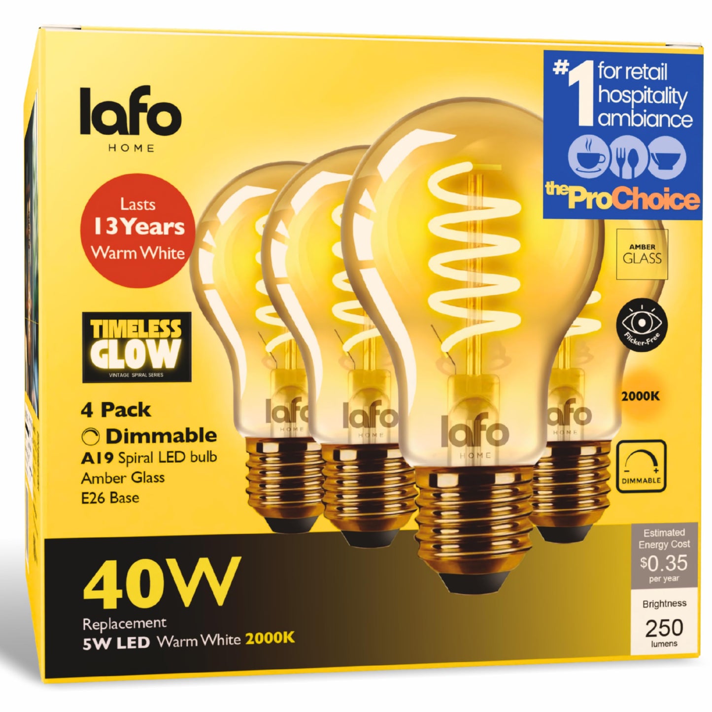 LafoHome TimelessGlow 4 Pack Dimmable A19 LED Filament Bulb 5W 40W Equivalent Warm Amber 2000K E26 Base CRI80 Amber Glass Spiral Filament ETL FCC