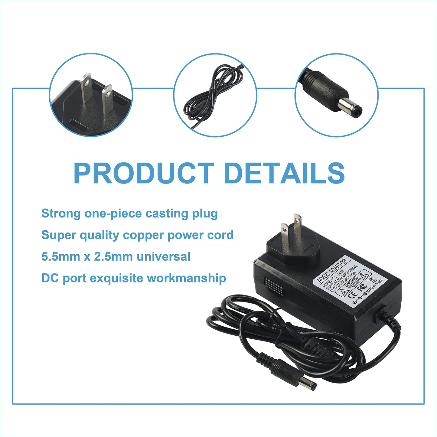 24V 3A Power Supply 72W AC Adapter Power Cord 100-240V 50-60Hz to DC 24 Volt 3 Amp Transformer 2A 1A Converter with 5.5x2.1mm DC Barrel for LED Strip…