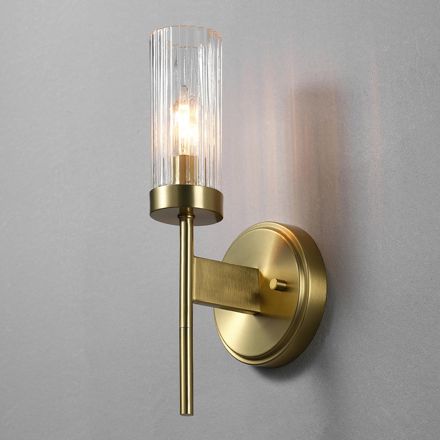 Globe Electric 1-Light Wall Sconce, Matte Brass, Ribbed Clear Glass Shade, E12 Candelabra, Dimmable, 65000103