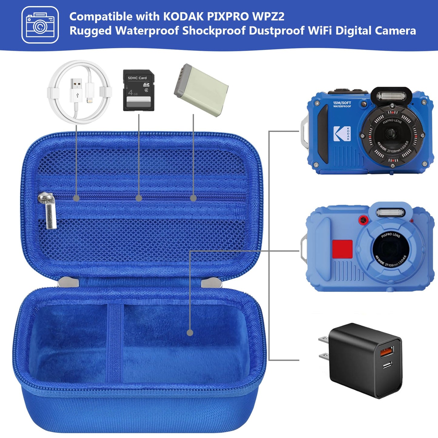 Supmay Carrying Case Compatible with KODAK PIXPRO WPZ2 Rugged Waterproof Shockproof Dustproof WiFi Digital Camera, Travel Case with Mesh Pocket fits