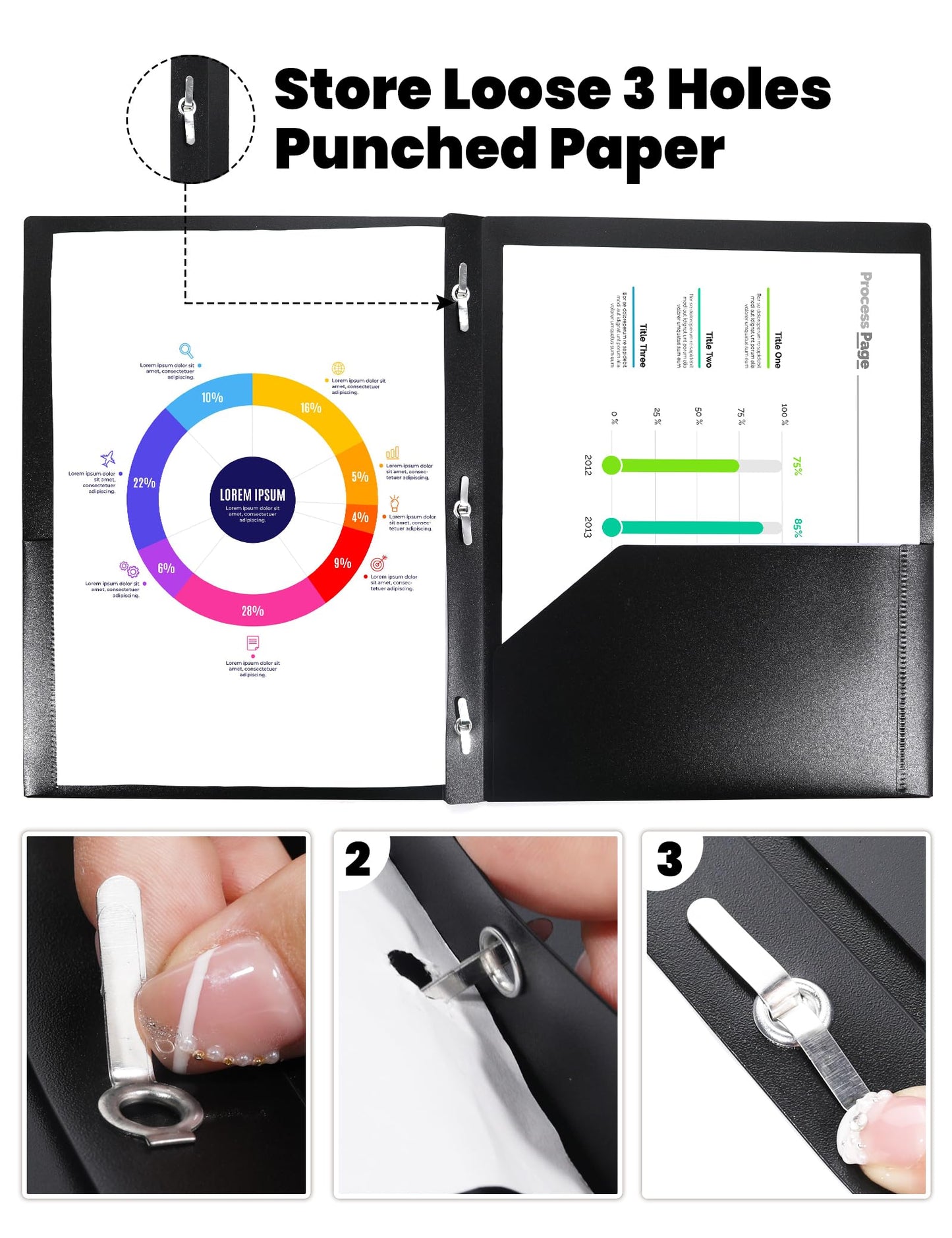 SUNEE 2 Pocket Folders with Prongs (3 Pack, Black) Plastic Folders with Pockets and Prongs Fit Letter Size, Poly Folders with Pockets for School