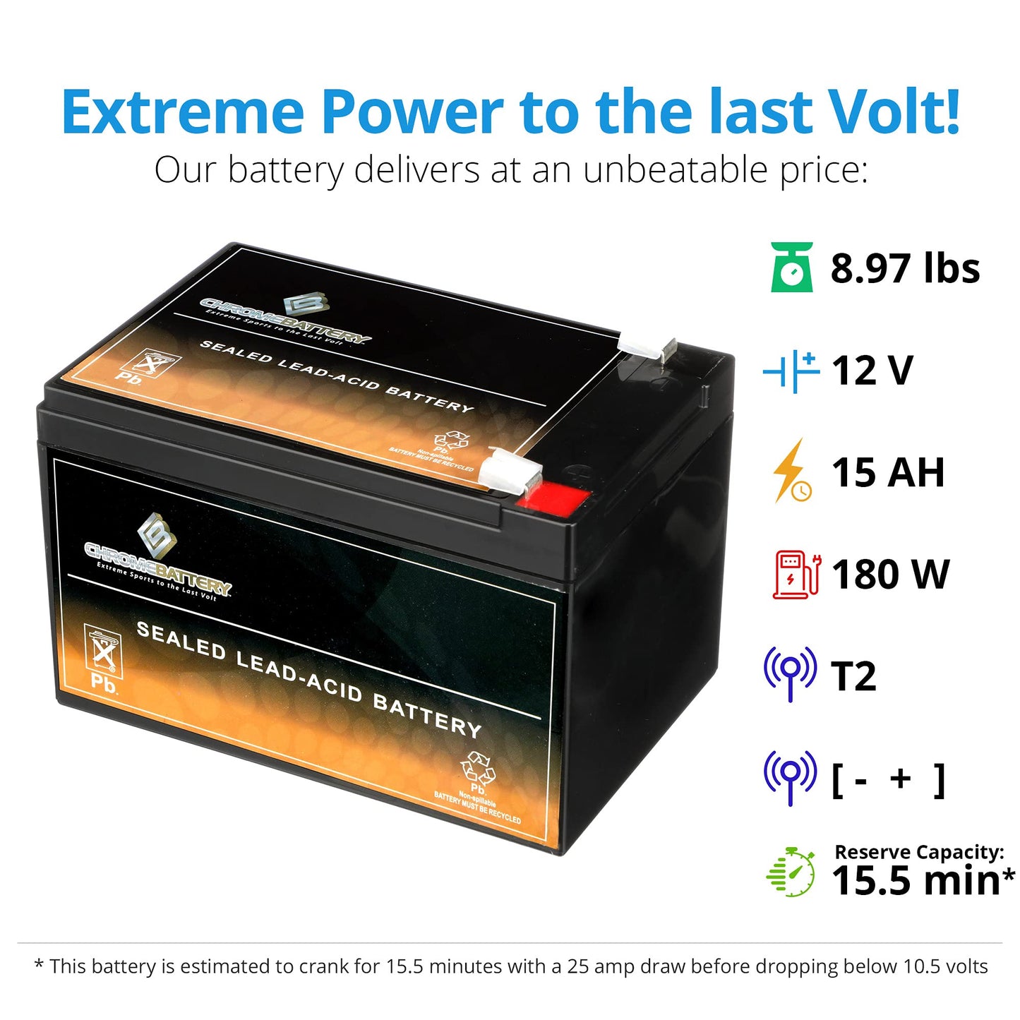 CB CHROMEBATTERY 12V 15AH Maintenance-Free Battery for Alarm Systems, Scooters, Toys, Emergency Lights, and More - Spade (F2) Terminal