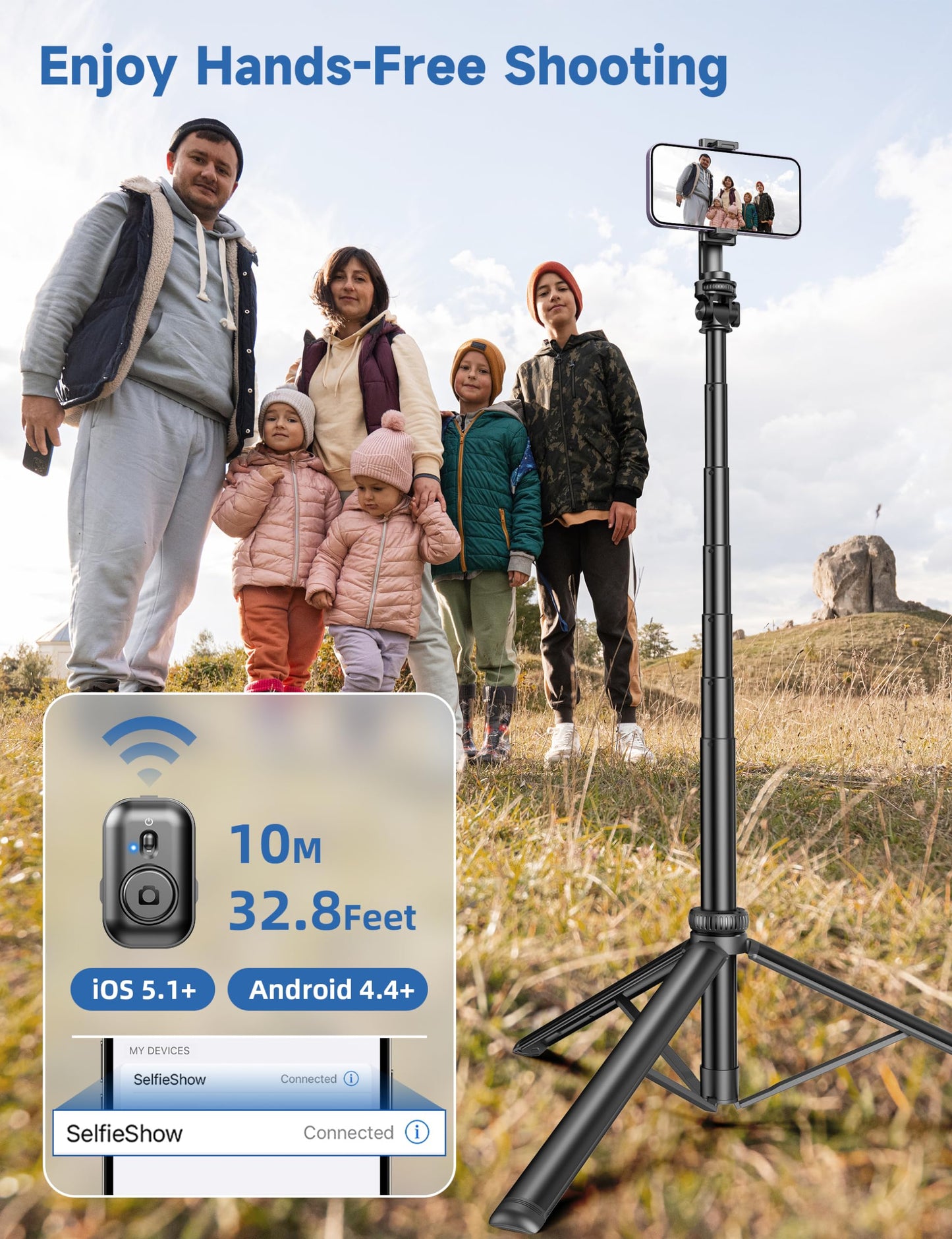 75" Phone Tripod, Selfie Stick with Remote and Phone Holder, Extendable Tripod for iPhone, Aluminum Cellphone TripodStand 360° Rotation Travel Tripods