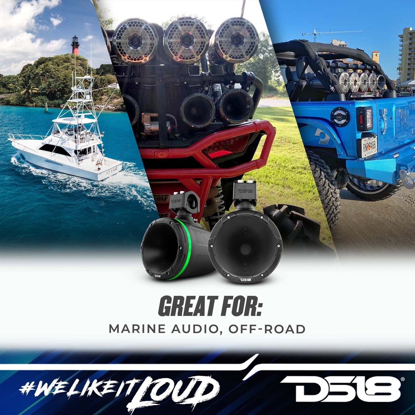 DS18 Hydro NXL-XDT/BK 1.75" Driver Wakeboard Pod Tower Speaker with Integrated RGB LED Lights, Waterproof, UV Stable, 900 Watts, 4 ohm - for All