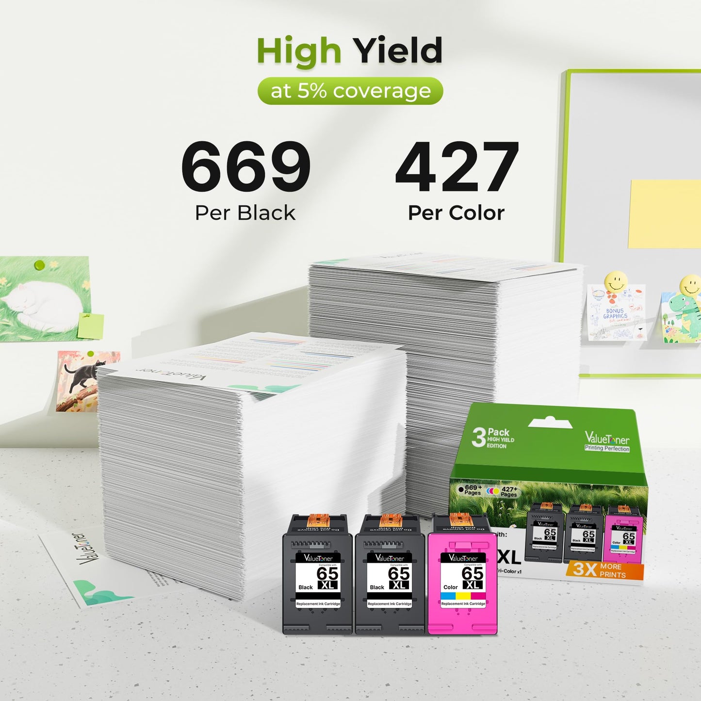 Valuetoner for 65XL 65 Ink Cartridges Black/Color Combo Pack 3-Pack