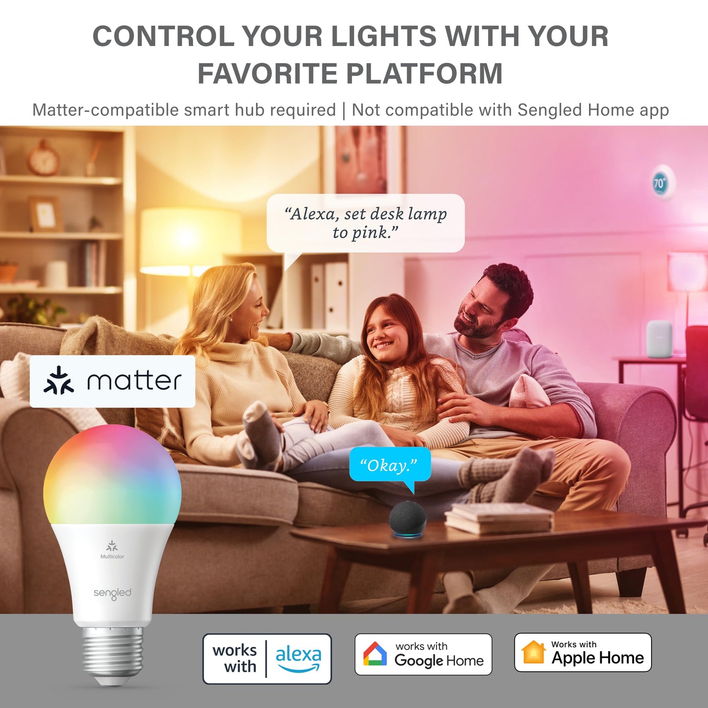 Sengled Matter LED Smart Light Bulb (A19), Multicolor, Compatible with Alexa, 60W Equivalent, 800LM, Instant Pairing, 1-Pack