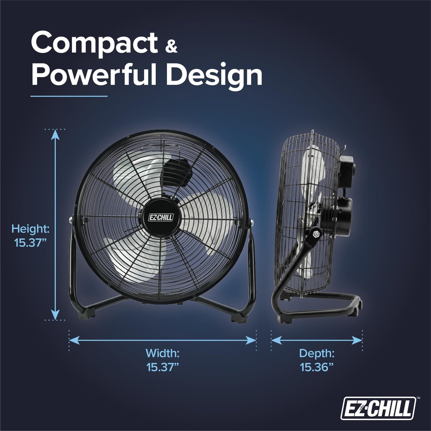 EZ-CHILL 12” Cradle Floor Fan, 3 Speed, High Velocity, 180 Degree Adjustable Tilt, All-Metal, Carry Handle, Rubber Feet, Airflow 15.42 ft/sec, Ideal