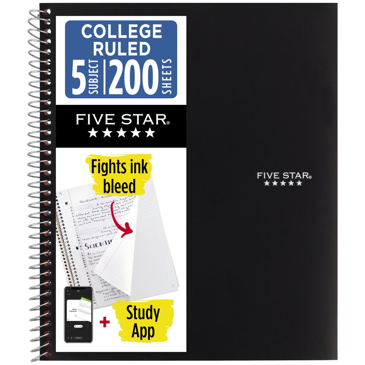 Five Star Spiral Notebook + Study App, 5 Subject, College Ruled Paper, 8-1/2" x 11", 200 Sheets, Fights Ink Bleed, Water Resistant Cover, Black
