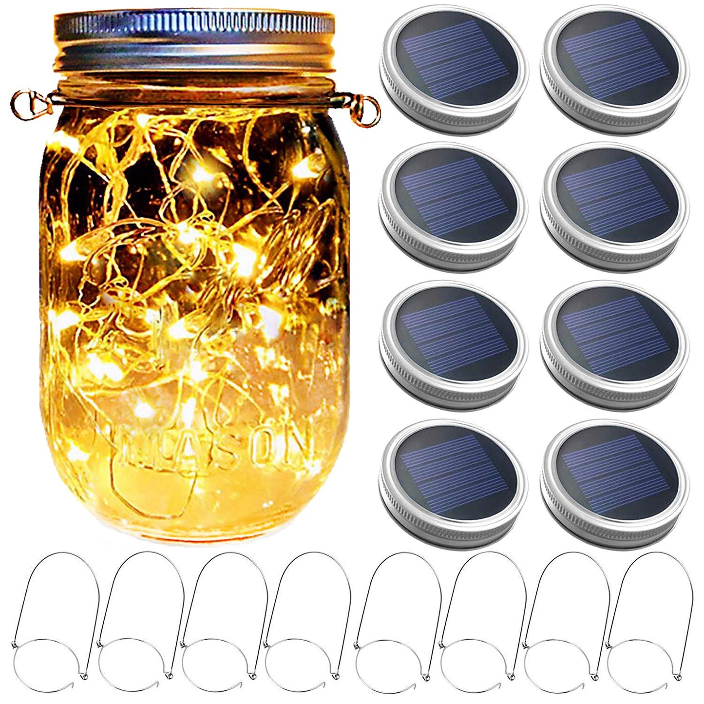 Mason Jar Solar Lantern Lights, 8 Pack 30 LED Bulbs Fairy Star Firefly Solar Lids Jar Lights,8 Hangers Included(No Jars),for Outdoor Home Garden Patio
