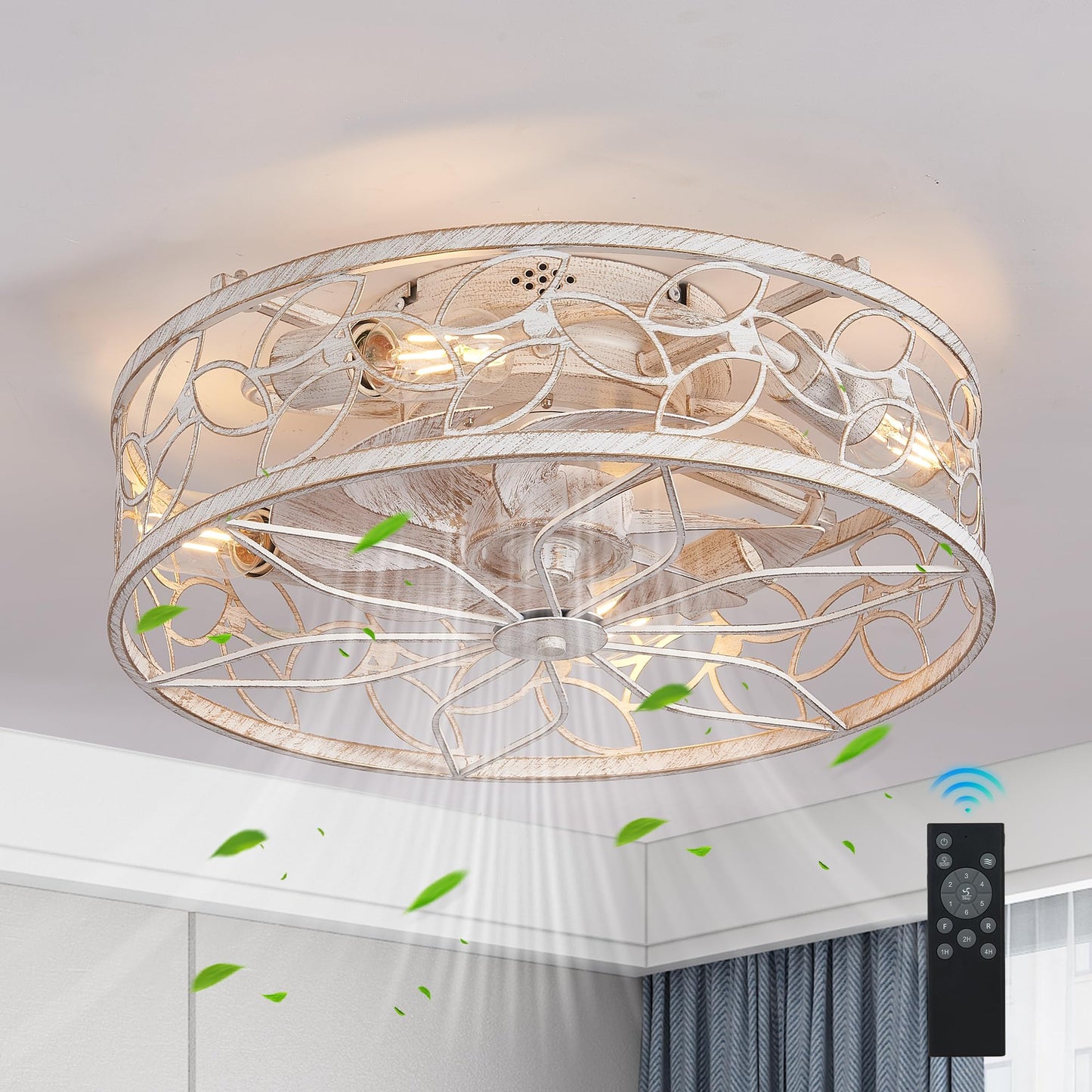 YIHANTLZ 18" Modern Ceiling Fan Light with Remote, 6-Speed Ultra Quiet 35dB Reversible Flush Mount Fan with Light, Vintage Industrial Design