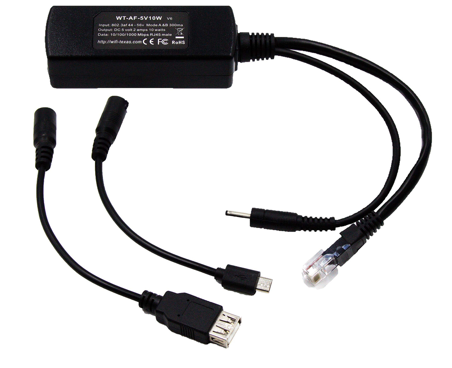 PoE Texas GAF-USB | 802.3af PoE Splitter Compatible with iPads and Tablets with 5 Volt 10 Watt Output - Includes USB-A and Micro-USB adapters