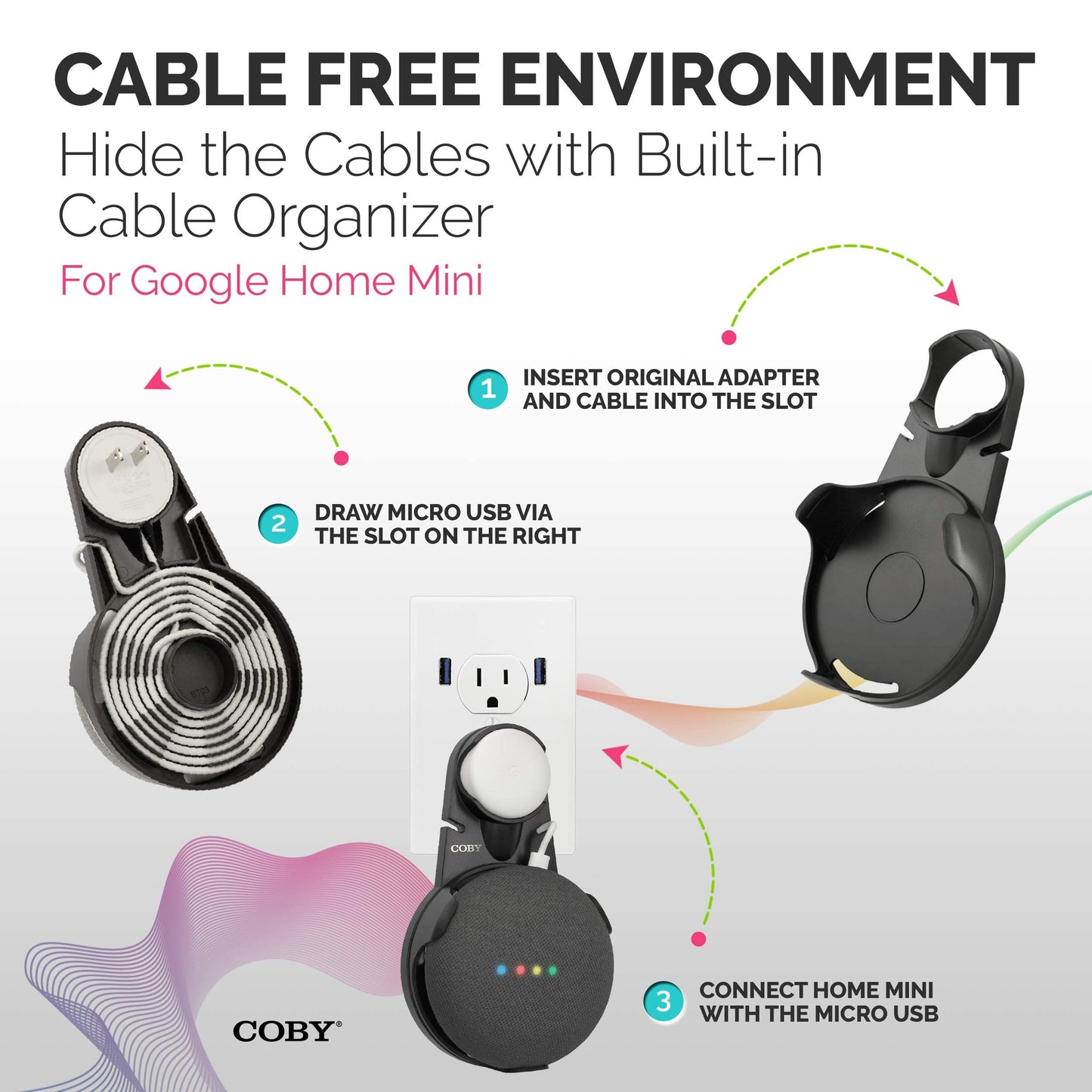 Coby Wall-Outlet Mount Smart Speaker Holder with Cord Holder & Cable Management, Wall Shelf for Google Nest Mini 2nd Gen & Google Home Mini 1st Gen