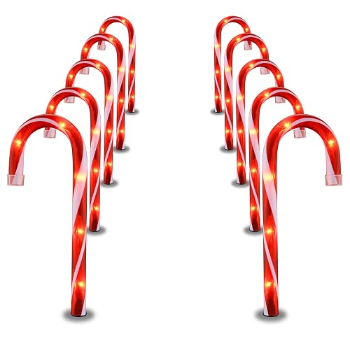Candy Cane Lights - 10 Pack Candy Cane Pathway Lights, 10" Christmas Candy Cane Light Red, Outdoor Candy Cane Christmas Decor for Walkway, Driveway