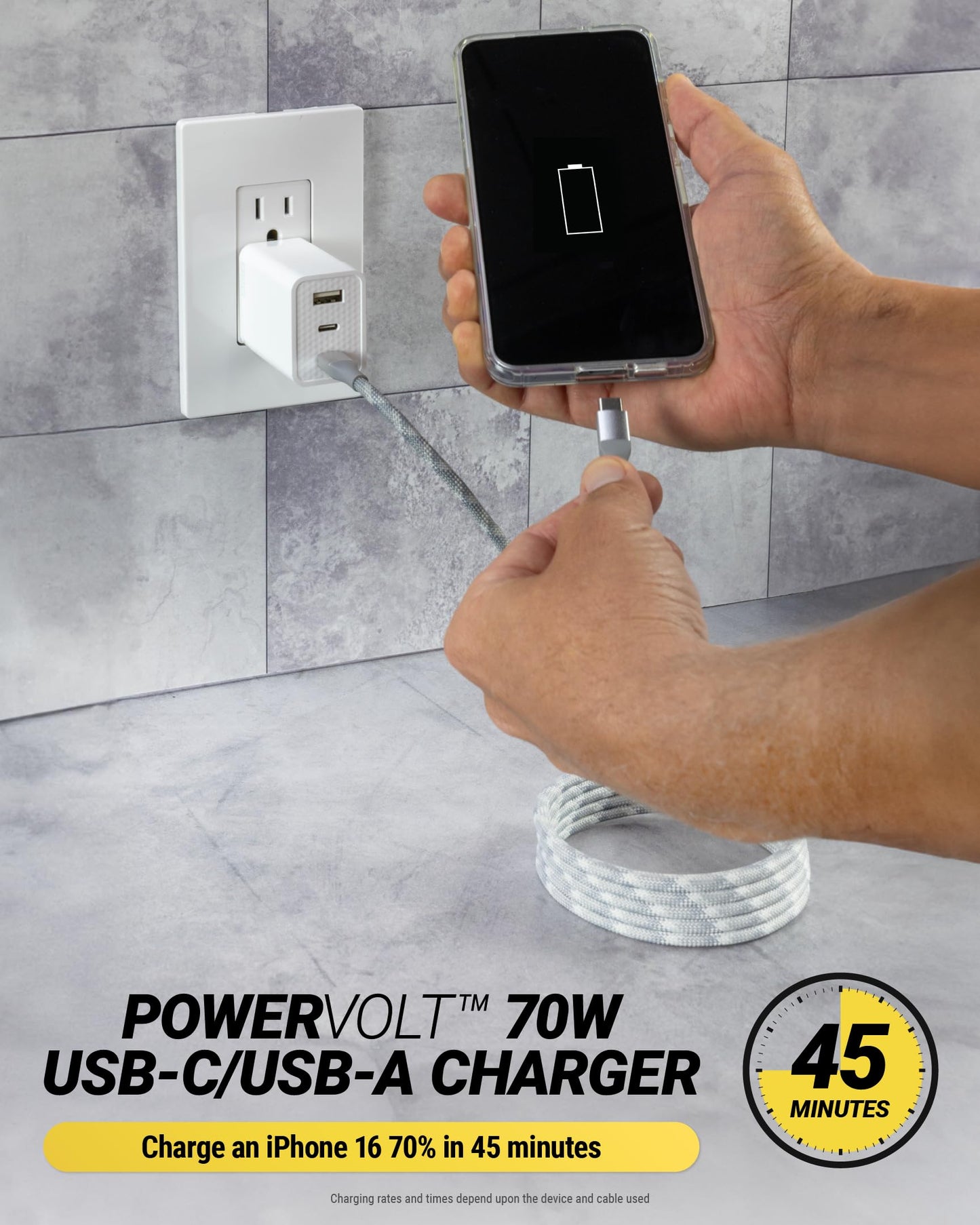 Scosche PowerVolt 70W Fast Charging Compact 3-Port Wall Charger Block, Dual USB-C & USB-A GaN Power Delivery Adapter with Foldable Plug for iPhone