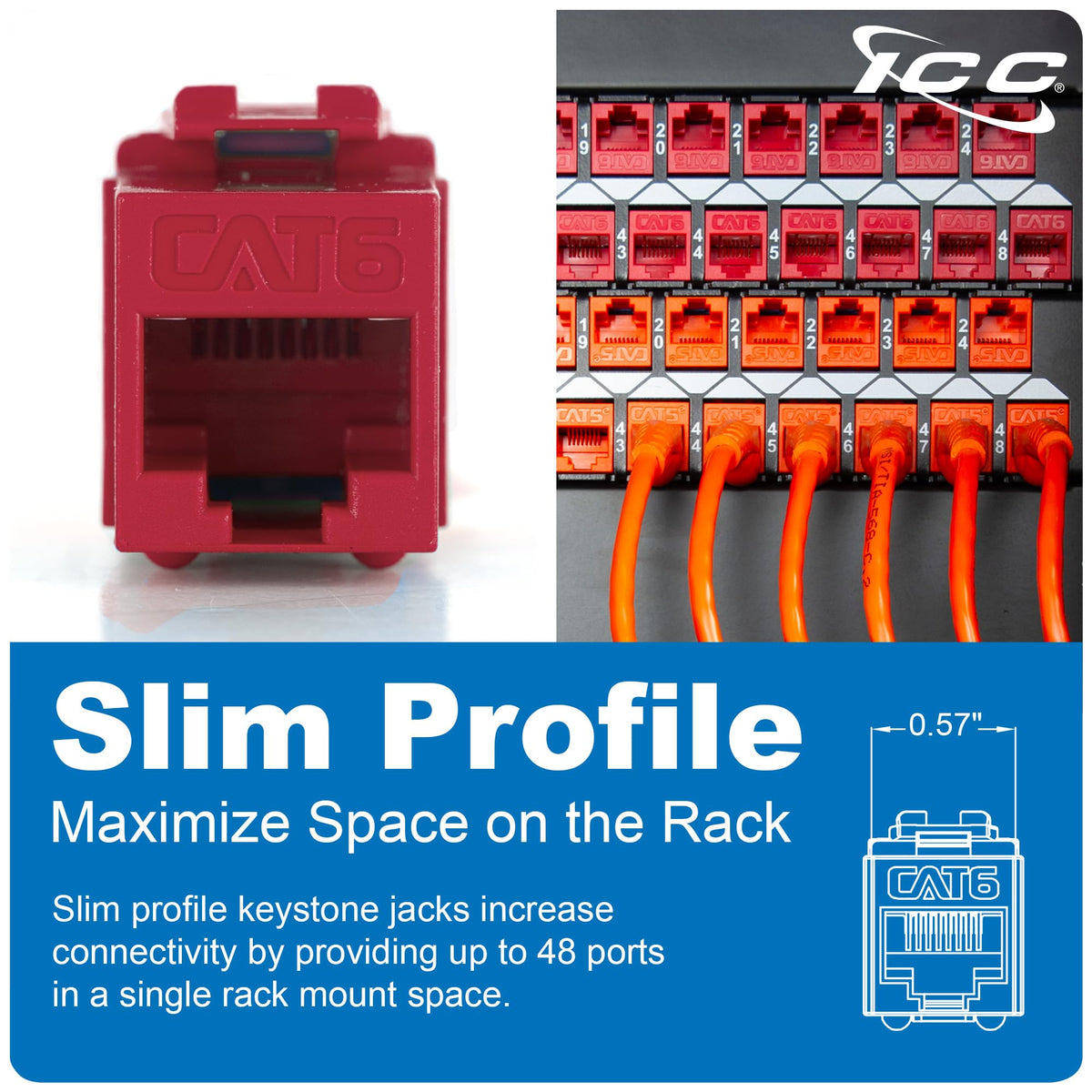 ICC CAT6 RJ45 Keystone Jack, Slim 180 Degree Punch Down, Green, 25-Pack