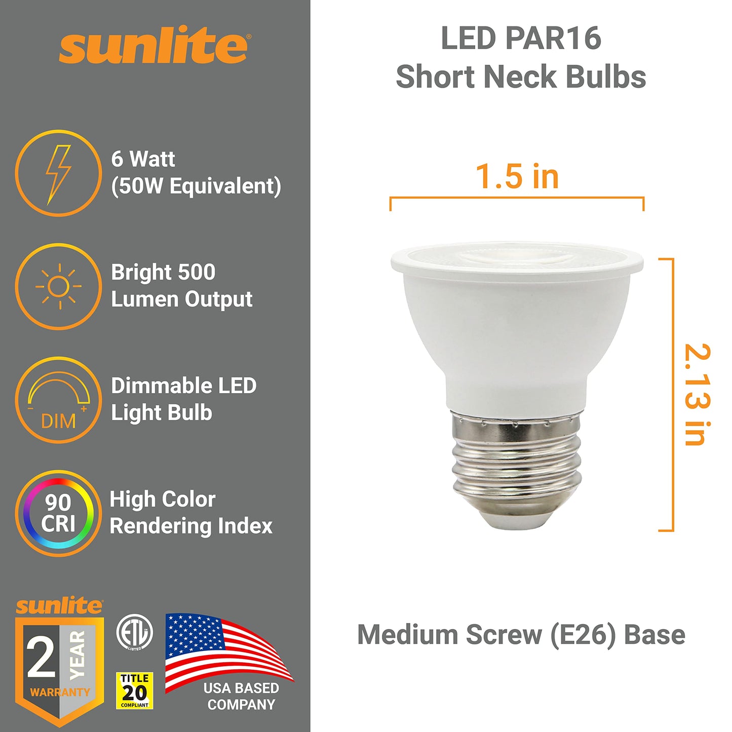 Sunlite 80439 LED PAR16 Short Neck Recessed Flood Light Bulb 6-Watt, (50W Halogen Replacement), 500 Lumens, Medium E26 Base, Dimmable, 90 CRI, ETL