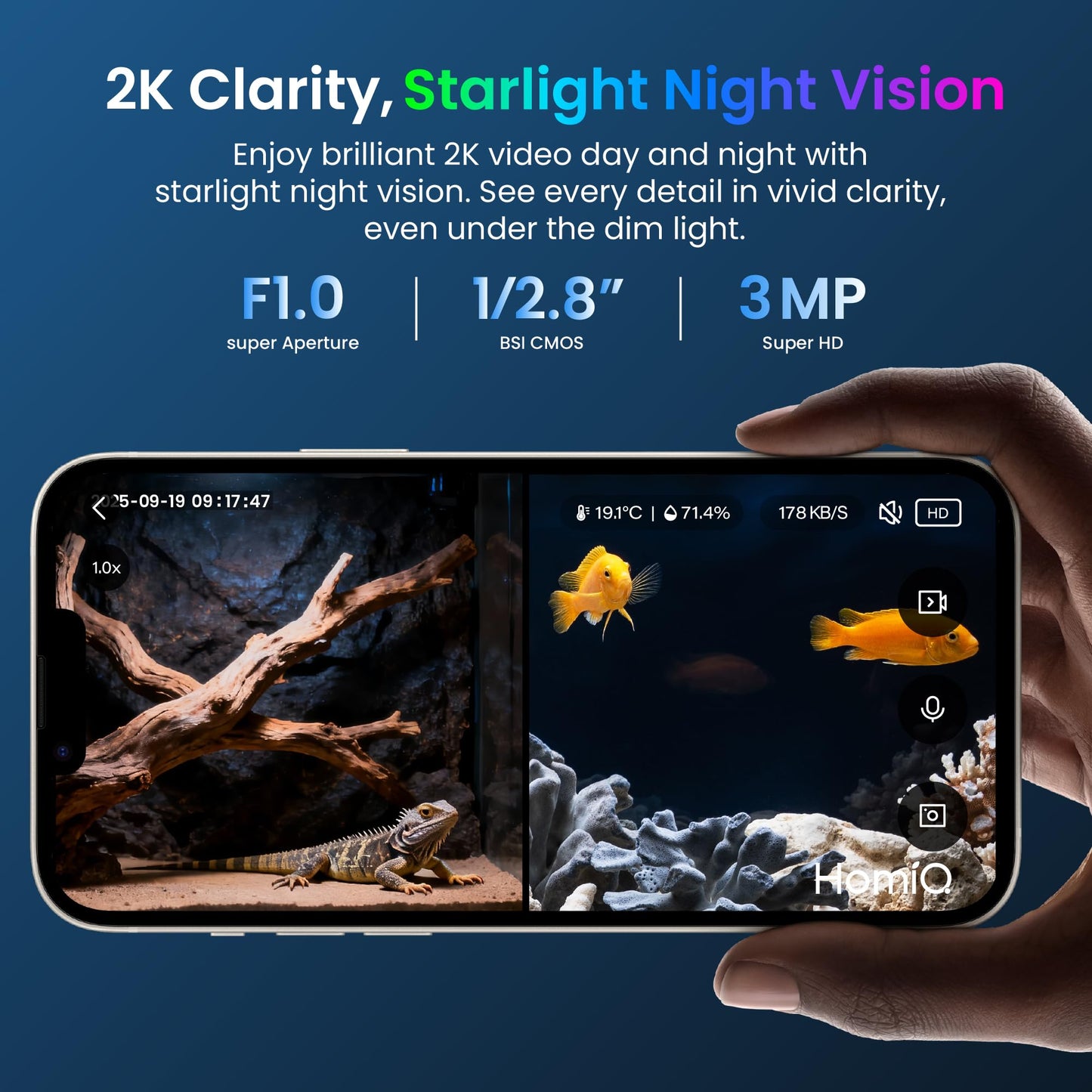HOMIQ LIFE 3MP 2K Aquarium & Terrarium Pet Camera.Install &Close-Focus Lens for Fish,Lizard, Reptile Pet and Window Bird Feeder,2.4GHz & 5GHz