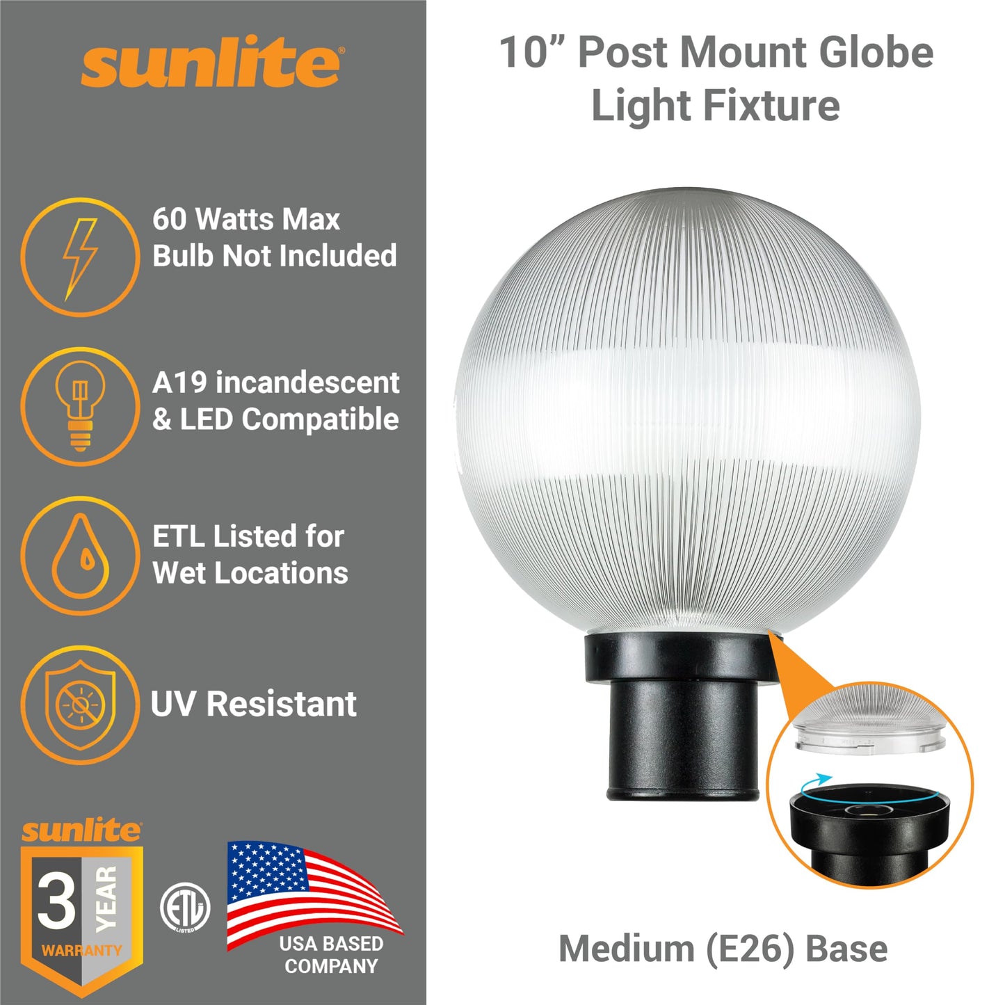 Sunlite 47246 10" Post Mount Globe Light Fixture, 1 Medium Base (E26) Socket (60W Max. A19 Bulb Not Included), UV Resistant Materials, ETL Listed