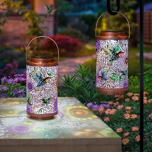 2Pack Solar Lanterns Outdoor Waterproof Hummingbird Garden Gifts for Mom, Multicolor Solar Lights Lantern for Backyard Garden, Pathway, Outside