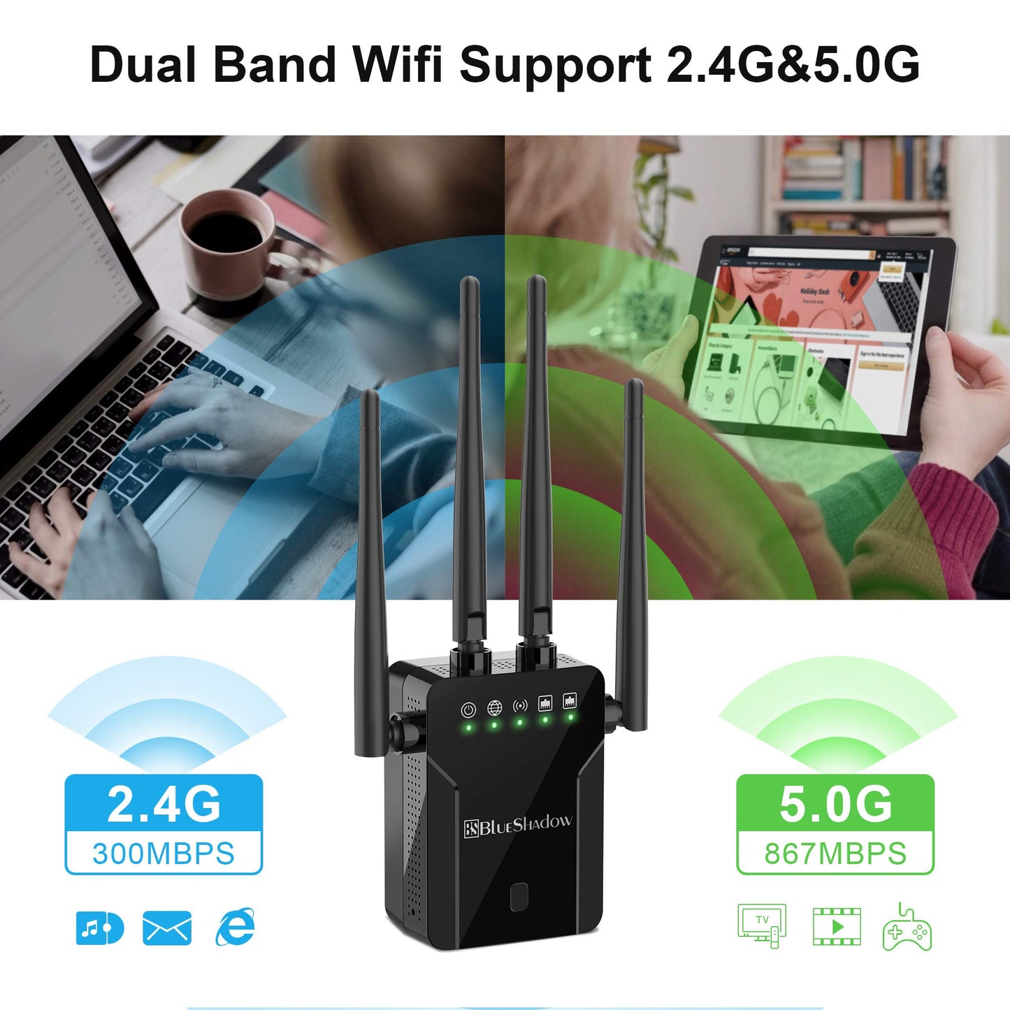 Blueshadow WiFi Extender AC1200 Dual Band Wireless Signal Booster with 2 Ethernet Port WPS Function Coverage Up to 1000 Sq.ft and 20 Devices WiFi