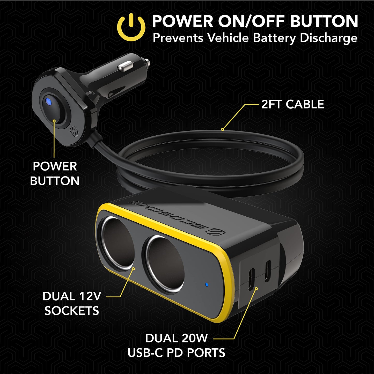 Scosche DCLSPD402SW DoubleUp Dual 12V Adapter with Dual 20W USB-C Power Delivery Charger, Add Power Ports and Double Cigarette Lighter Ports, Fast