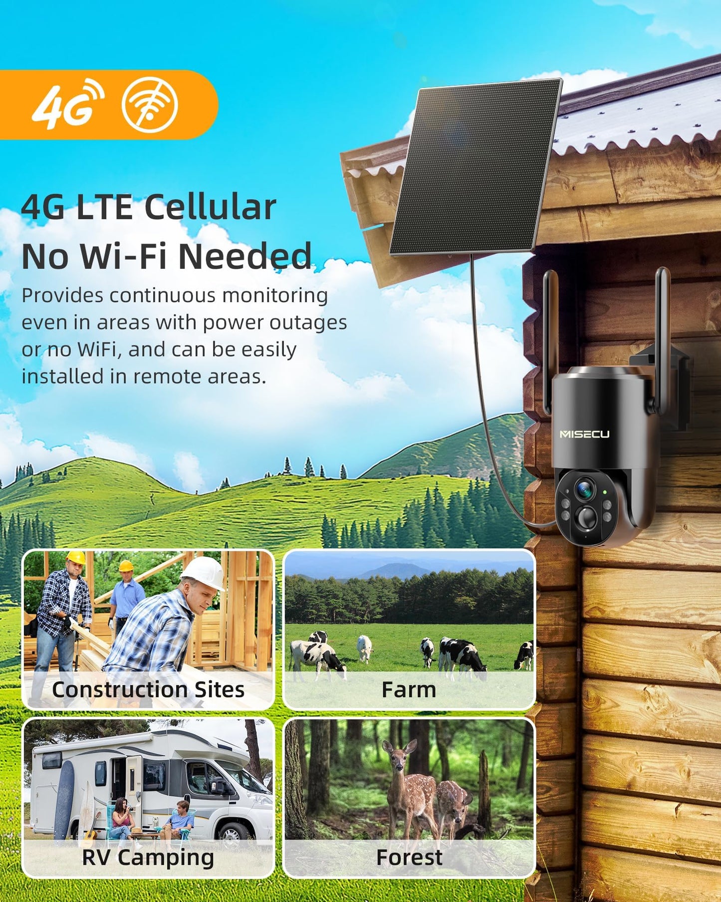 MISECU 4G LTE Cellular Security Camera, 2.5K Solar Outdoor Cam Wireless Without WiFi Needed, 360° PTZ Live View Off Grid Camera, AI Motion Detection