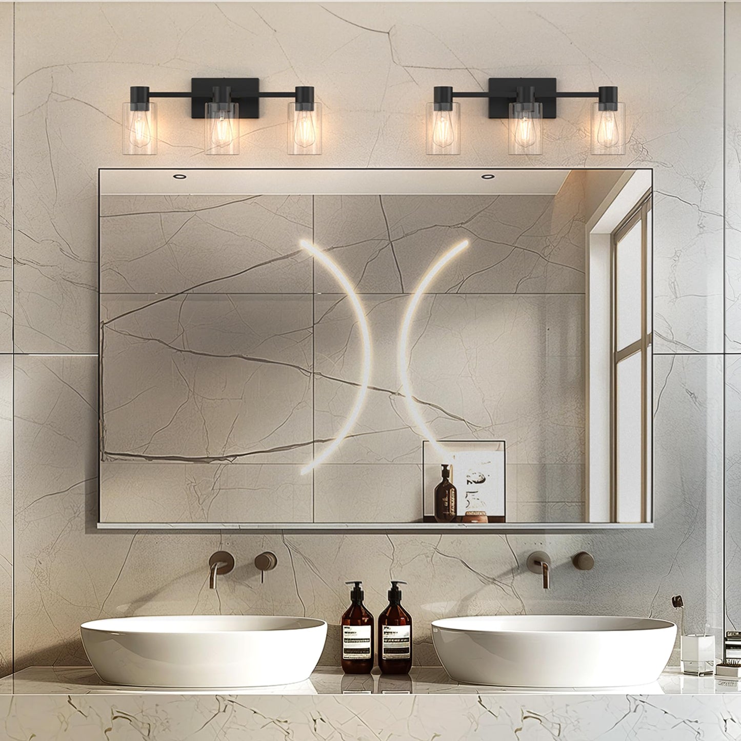 Esfos 3-Light Matte Black Wall Sconces for Bathroom, Modern Vanity Light Fixtures Over Mirror, Bathroom Light Fixtures with Clear Glass Shade, E26