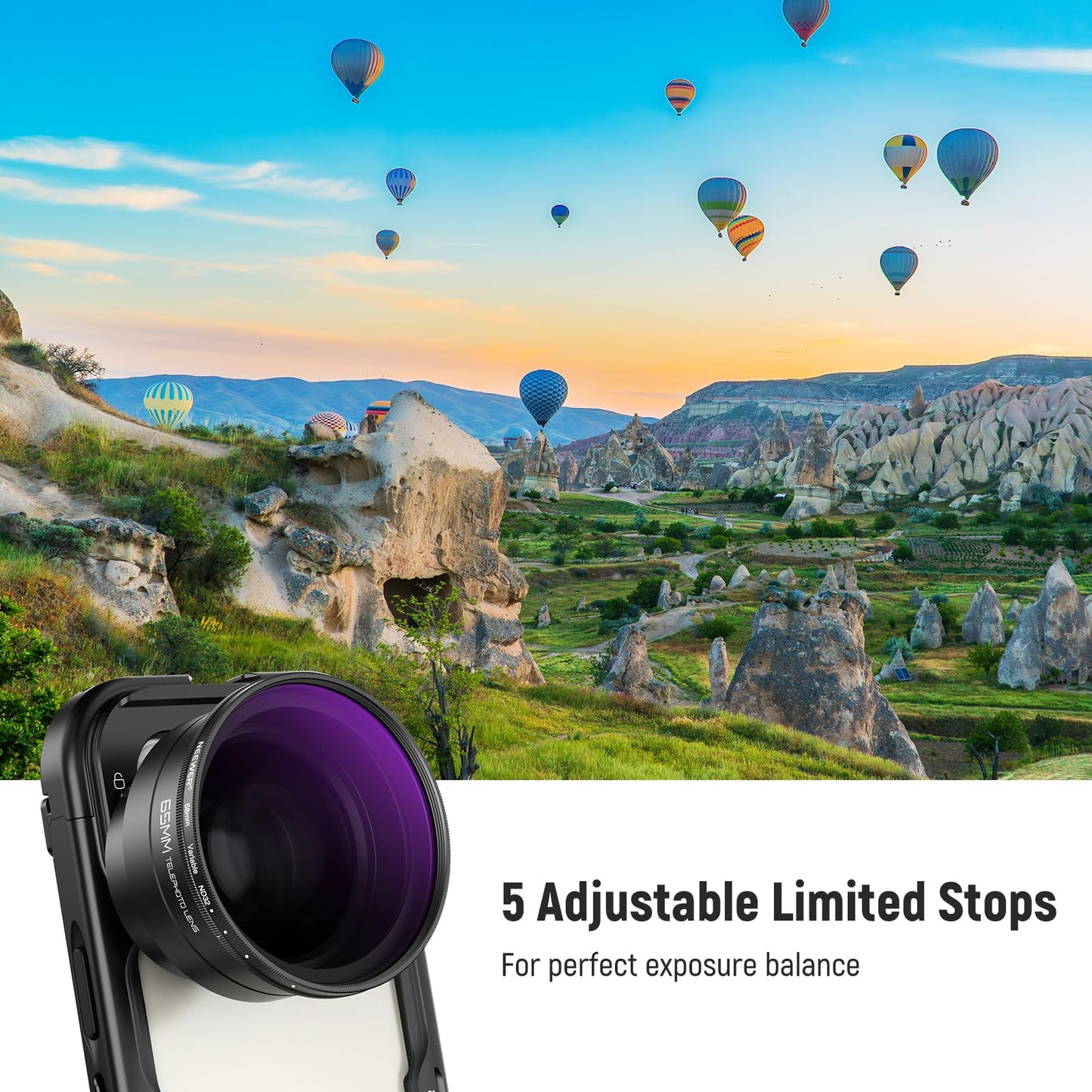 NEEWER 58mm Variable ND Filter with 62mm Lens Hood, ND2-32 Adjustable Neutral Density Filter Compatible with iPhone Android Samsung NEEWER 65mm