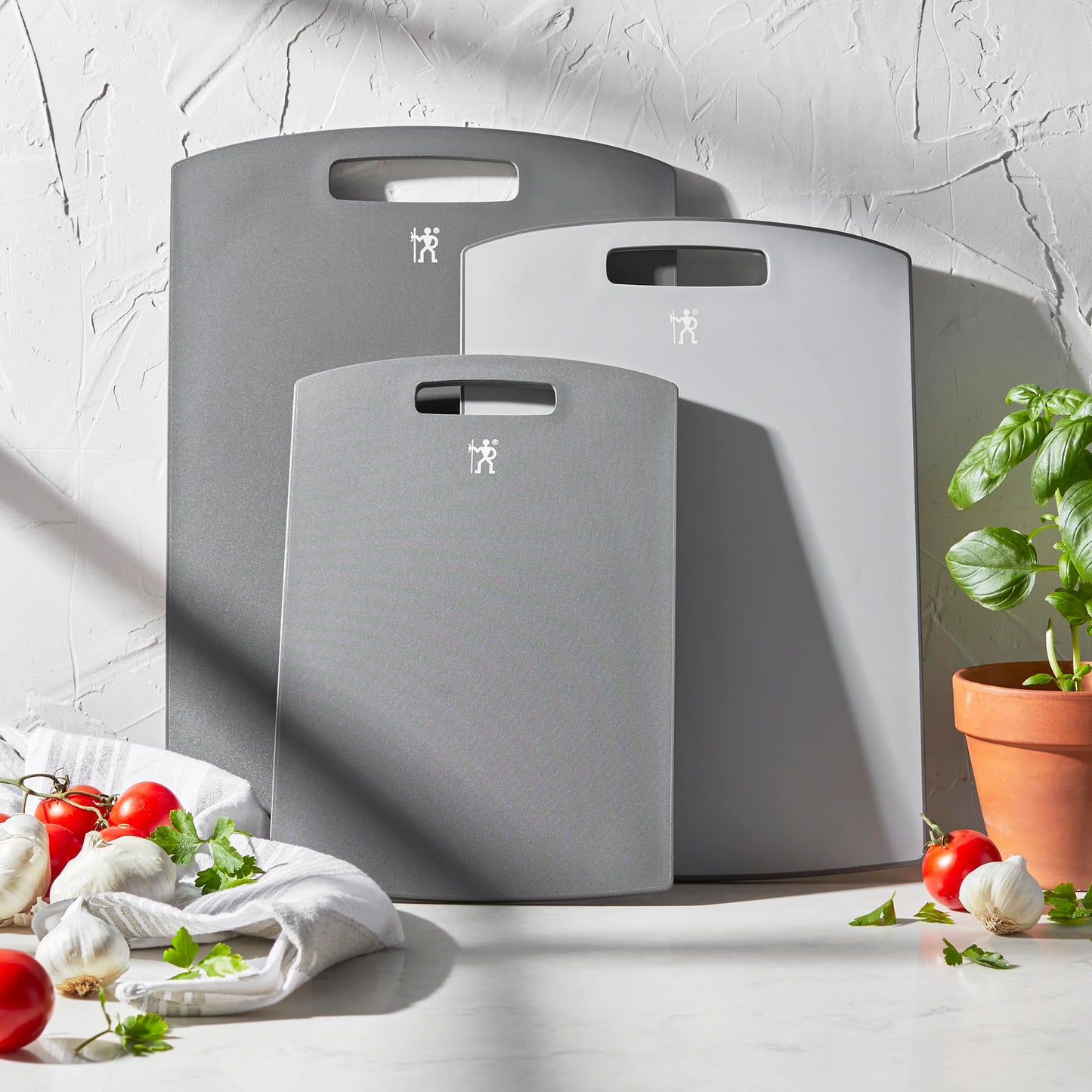 HENCKELS Cutting Board Set, 3-Piece Plastic Kitchen Chopping Boards with Gray Trim, Non-Slip Silicone Feet, BPA-Free, Dishwasher Safe