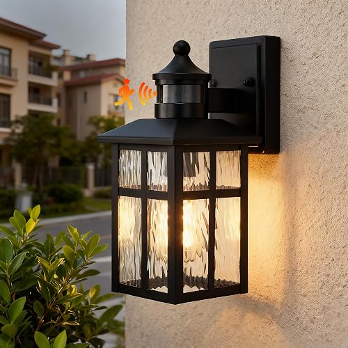 Edvivi Outdoor Wall Lights Exterior, Dusk to Dawn Motion Sensor Outdoor Lighting Fixture with Water Glass, 12 in. H 1-Light Matte Black Waterproof