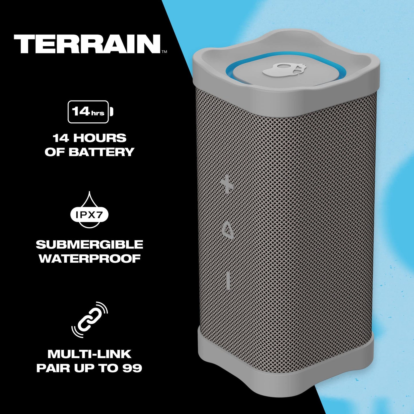 Skullcandy Terrain Wireless Bluetooth Speaker - IPX7 Waterproof Portable Speaker with Dual Custom Passive Radiators, 14 Hour Battery, Nylon Wrist
