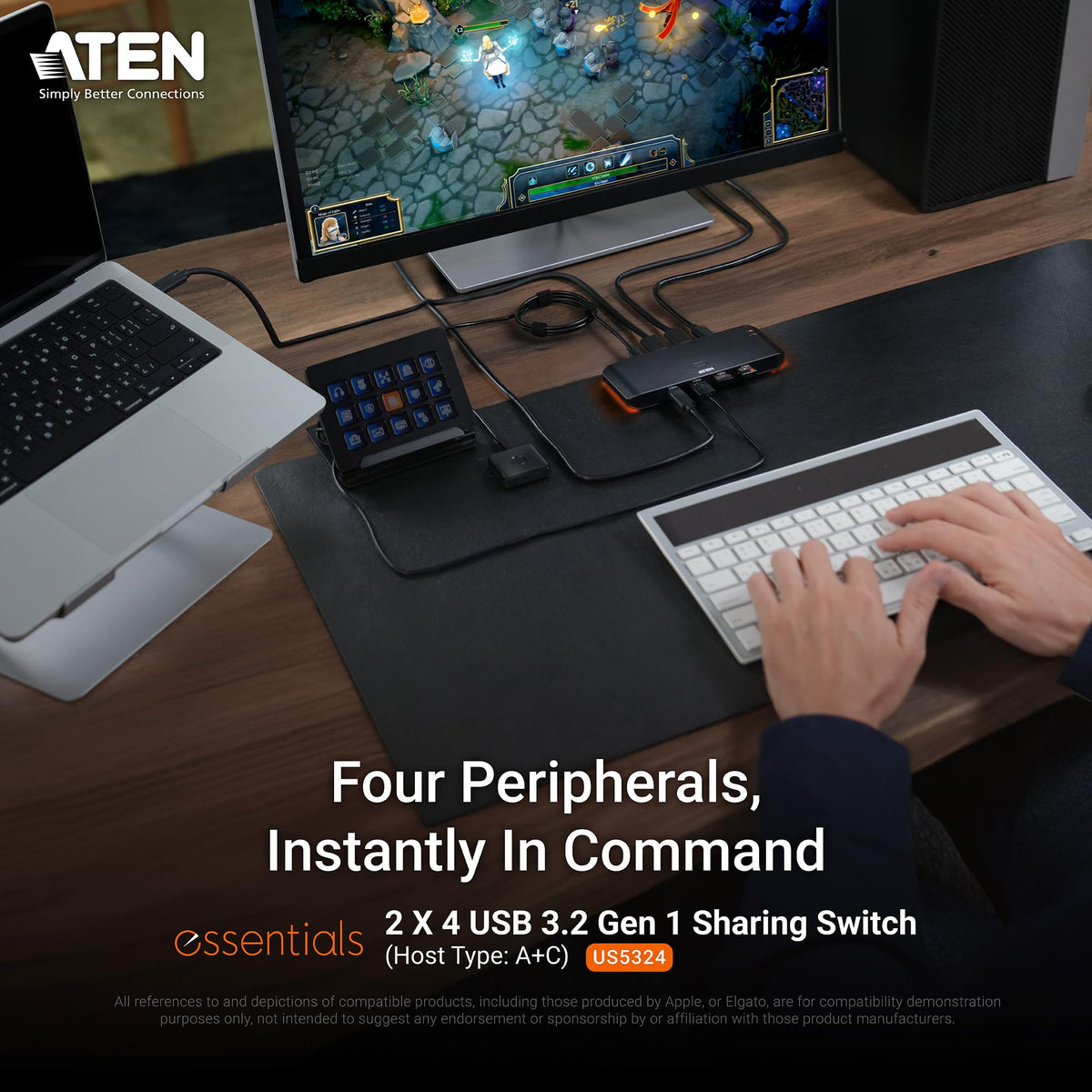 ATEN Essentials US5324 2 x 4 USB 3.2 Gen 1 Sharing Switch, Share 4 USB Peripherals Between USB-A & USB-C Computers, 5 Gbps, Quick Switch, Compact