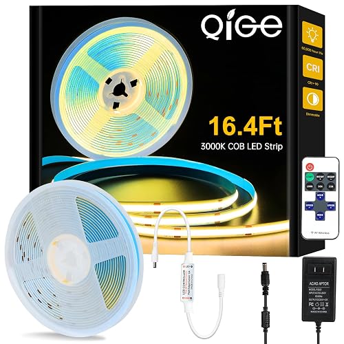 QiGe COB LED Strip Lights Warm White 3000K,16.4ft Premium High Density 24V Tape Light,2400 LEDs,350+ LM/FT, CRI 90+, IP20, Lighting for Kitchen