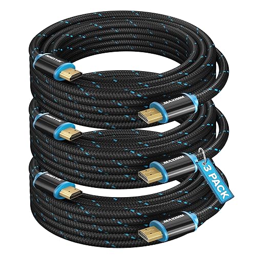 Maximm HDMI Cable 4K Ultra HD 15 Foot (3 Pack) Nylon Braided HDMI 2.0 Cable, High Speed 18Gbps 4K60Hz HDR, 3D, 2160p, 1080p, HDCP 2.2, ARC, HDMI