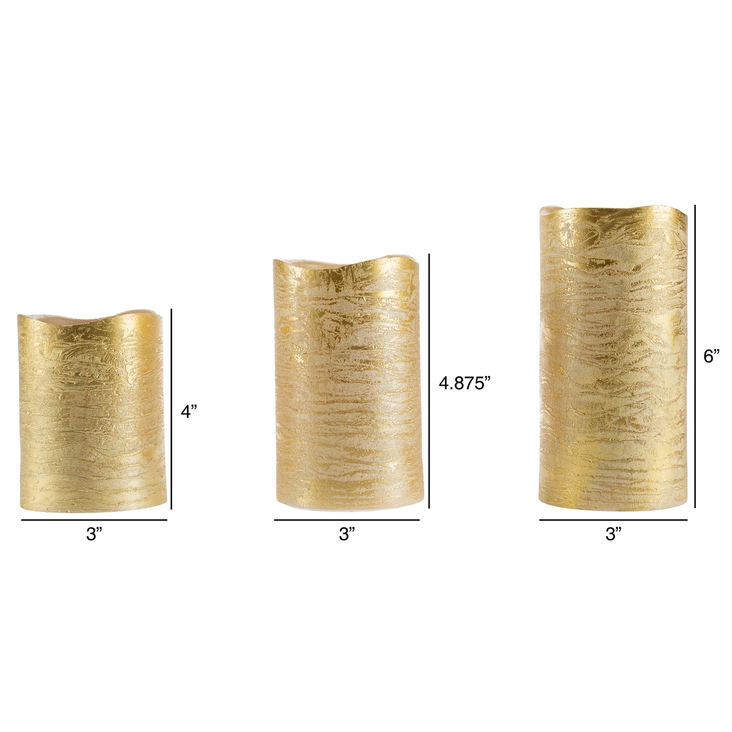 Lavish Home 80-Fc1004 Flameless LED Set of 3 Real Wax Battery Powered Pillar Candles with Remote, Timer and Distressed Gold Metallic Finish, Metallic