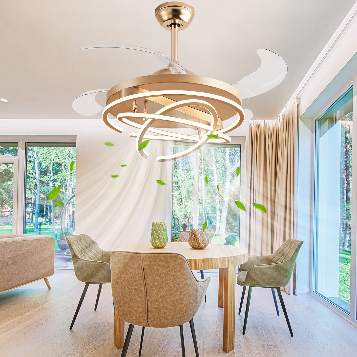 LWestine 42" Retractable Ceiling Fans with Lights Remote Control, Modern Ceiling Fan Rings LED Chandeliers, Invisible Ceiling Fans Fandelier with 4