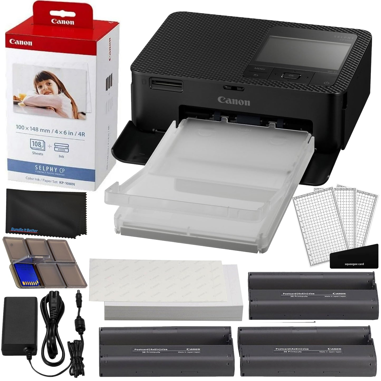 Canon Selphy CP1500 Wireless Compact Photo Printer (Black) Bundle with KP-108IN Color Ink Paper Set (108 Sheets of 4x6 Paper + 3 Ink Cartridges) +