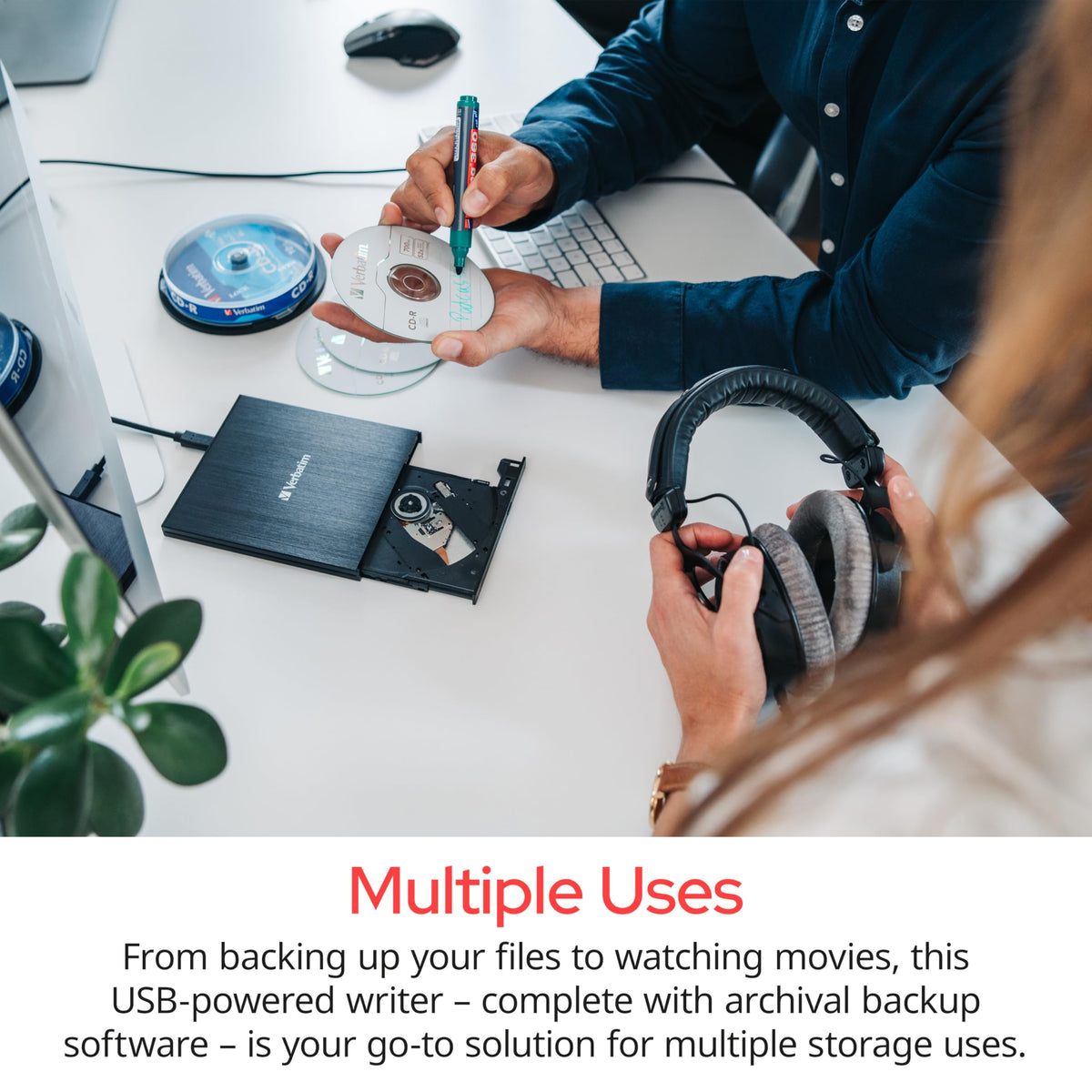 Verbatim External Slimline CD/DVD Writer, USB 2.0, M-DISC, USB-C Adapter