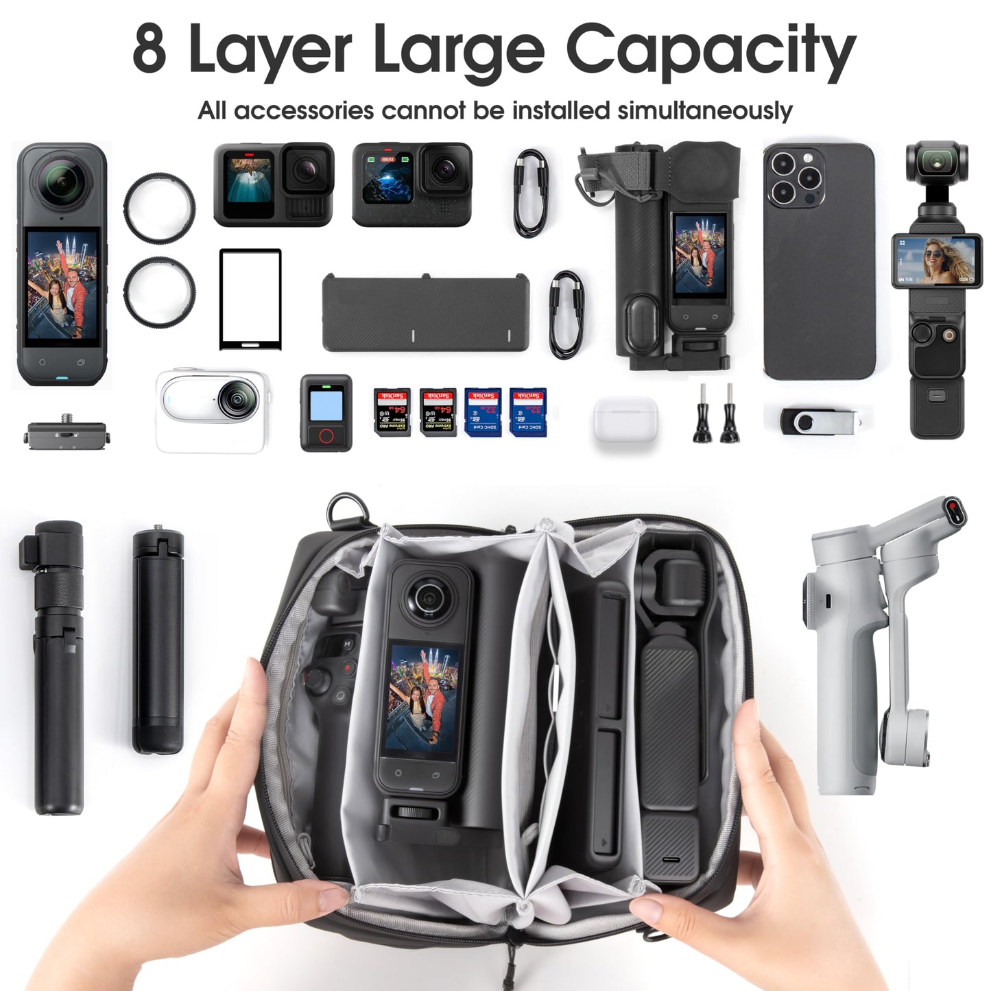 Carrying Bag Pouch Travel Large Soft Case for Insta 360 Go Ultra X5 X4 Organizer Multilayer Storage For DJI Osmo 360 Mobile8 7P 6 Pocket 3 For Gopro