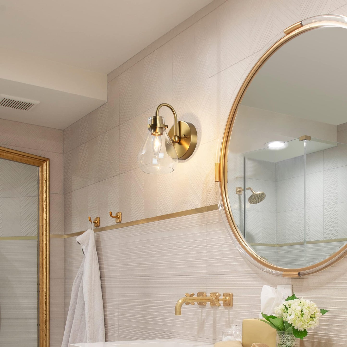 GEPOW Gold Sconces Wall Lighting, Modern 1-Light Wall Sconce with Clear Glass Shade, Electroplated Brass Wall Mounted Light Fixture for Bathroom