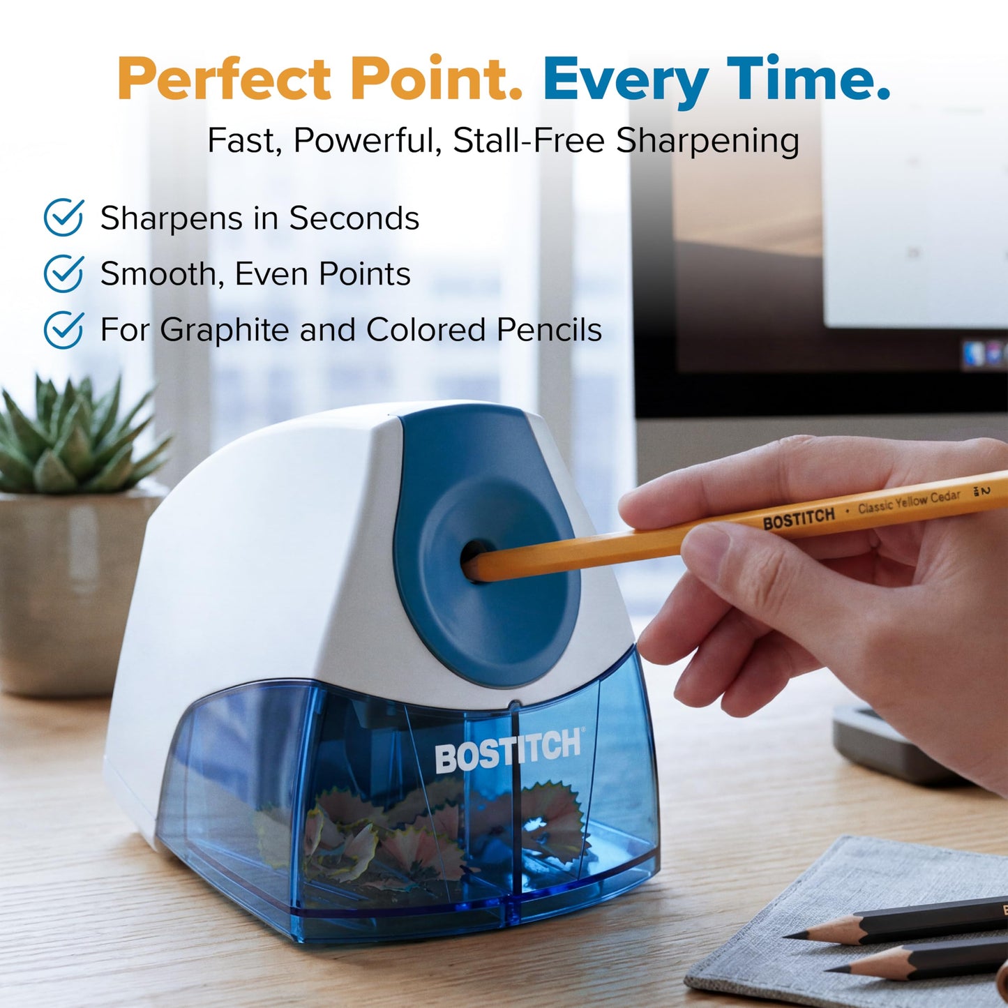 Bostitch Office Electric Pencil Sharpener for Classroom & Desk Use, Heavy-Duty Stall-Free Motor, High-Capacity Shavings Tray, Blue