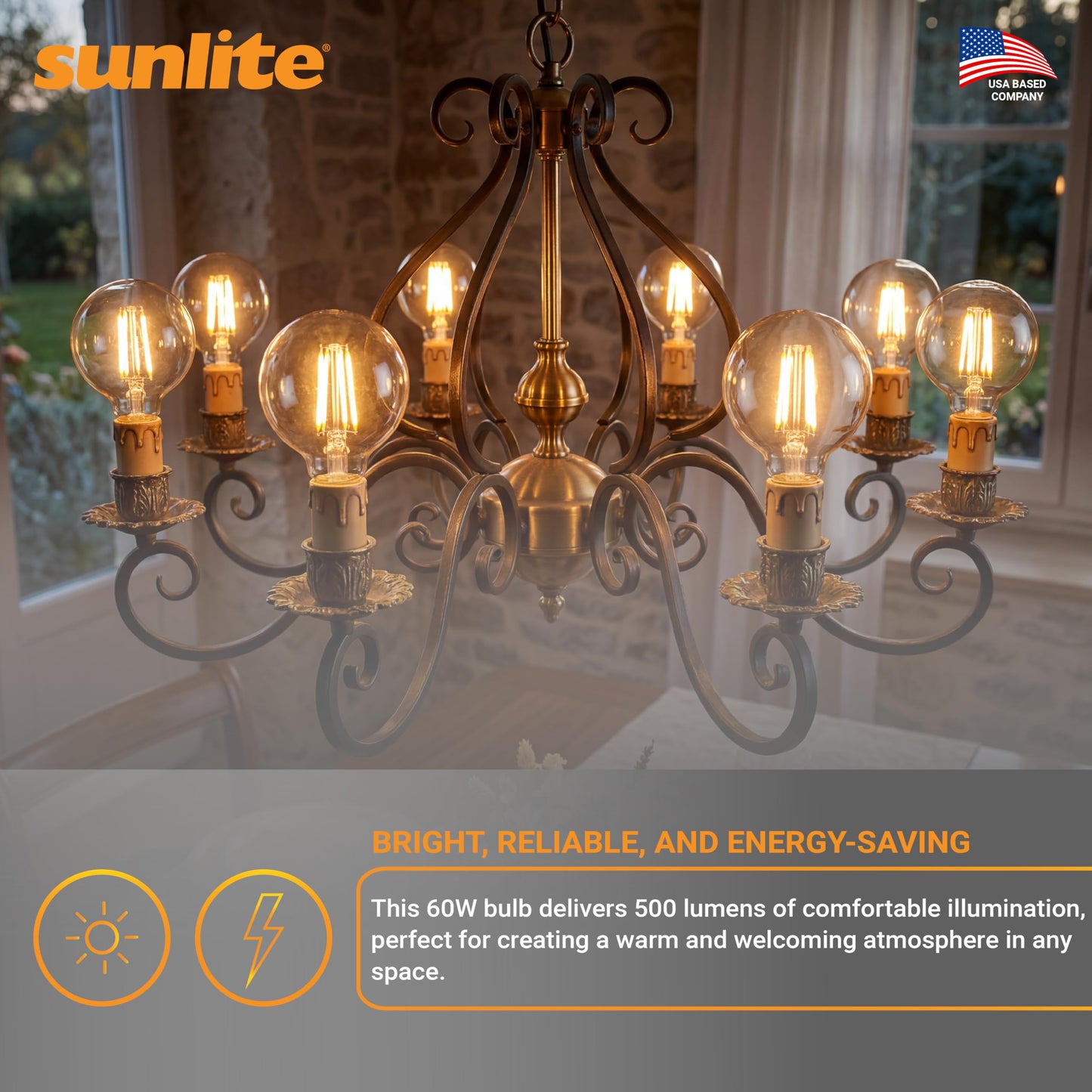 Sunlite 81145 LED G16.5 Filament Style Globe Light Bulb, 6 Watts (60W Equivalent), 500 Lumens, 120V, Dimmable, Candelabra Base (E12), 90 CRI, UL